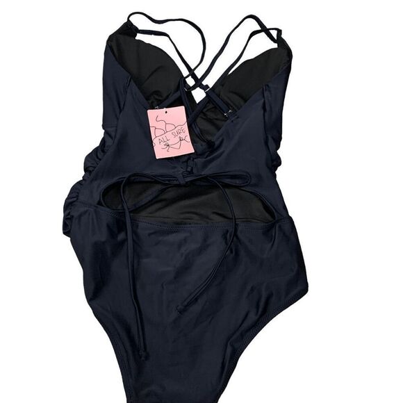 All Sure Women's size Large Black Halter Ruched waist One piece swimsuit - Picture 7 of 10